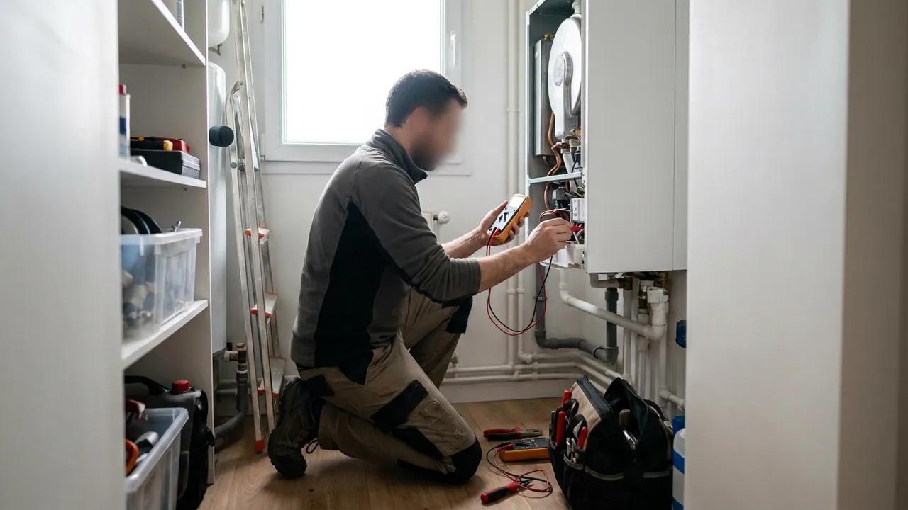 Plombier contrôlant la résistance d’un chauffe-eau électrique dans la cave d’une maison de Marly-le-Roi