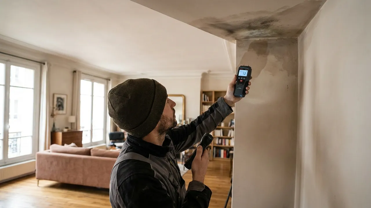 Auréole d’humidité au plafond d’un appartement de Marly-le-Roi après un dégât des eaux, avant recherche de fuite