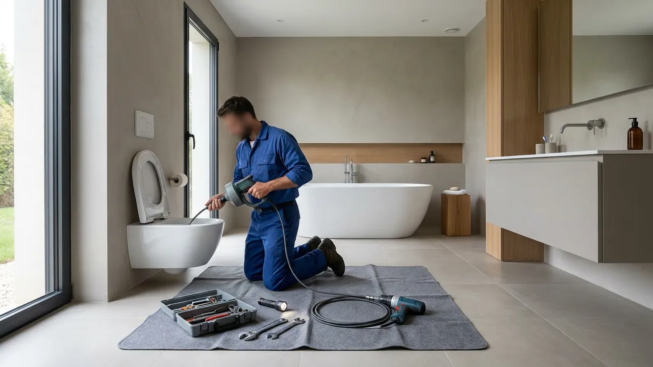 Débouchage d’un WC à la ventouse dans la salle d’eau d’un appartement de Marly-le-Roi